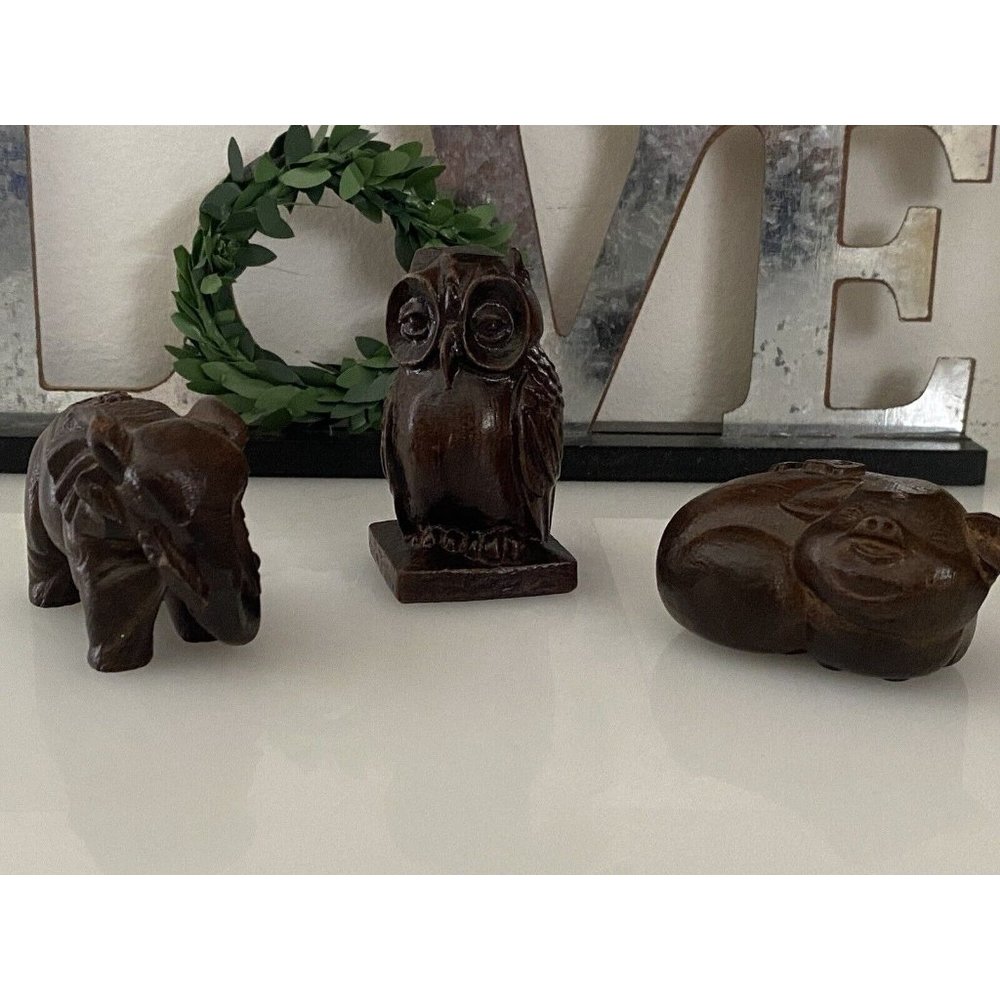 Vintage Hand Carved Dark Brown Solid Wood Elephant Owl and Pig Figurine Set of 3